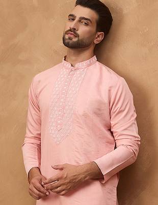 Men peach silk blend solid solid straight kurta with pant set 1