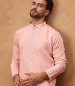 Men peach silk blend solid solid straight kurta with pant set