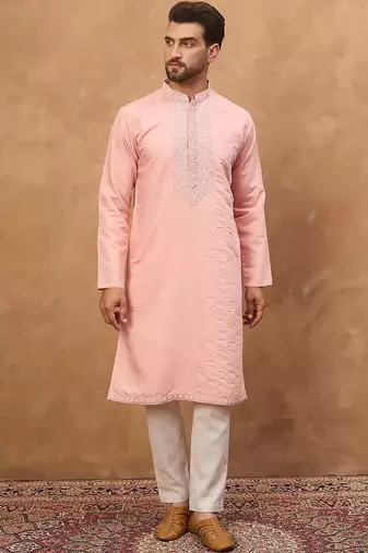 Men peach silk blend solid solid straight kurta with pant set