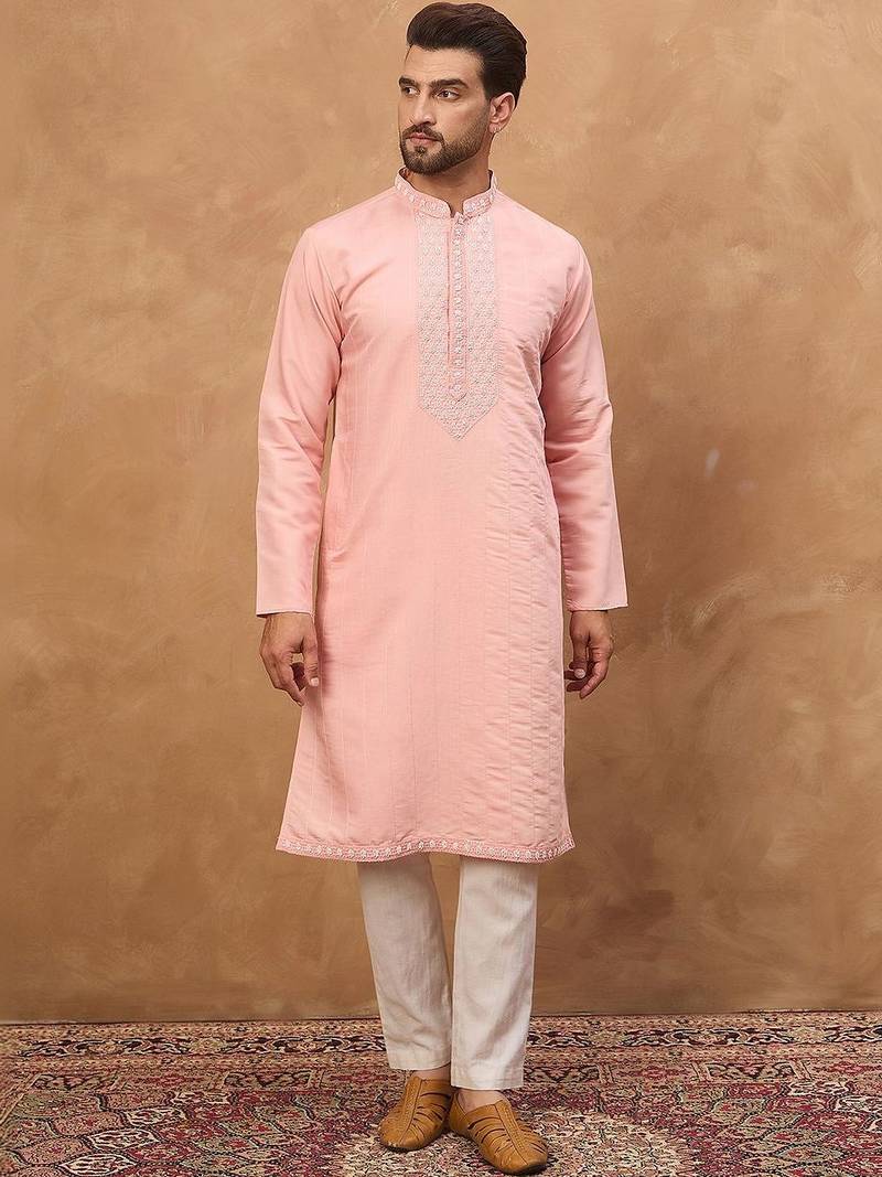 Men peach silk blend solid solid straight kurta with pant set