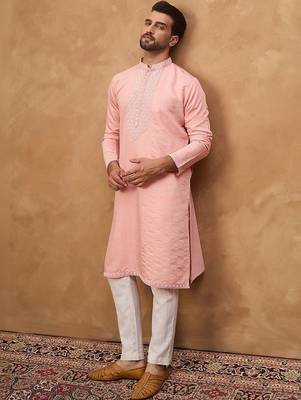 Men peach silk blend solid solid straight kurta with pant set 3