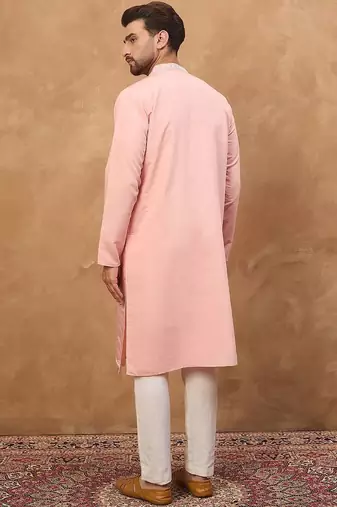 Men peach silk blend solid solid straight kurta with pant set