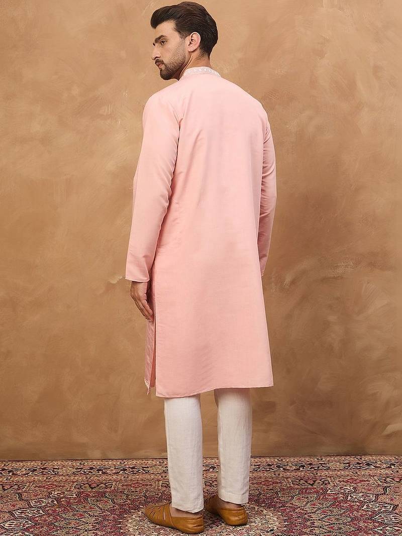 Men peach silk blend solid solid straight kurta with pant set
