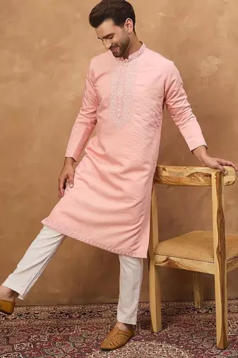 Men peach silk blend solid solid straight kurta with pant set