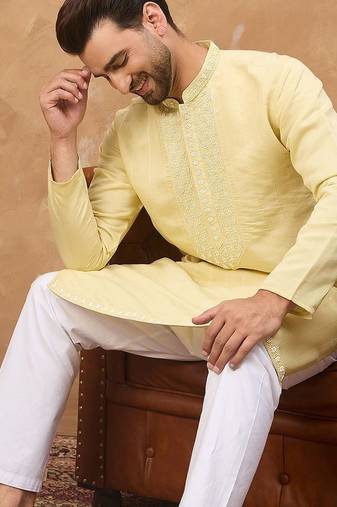 Men yellow silk blend solid embroidered straight kurta with pant set