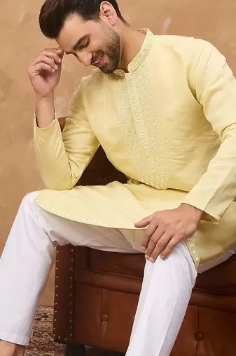 Men yellow silk blend solid embroidered straight kurta with pant set