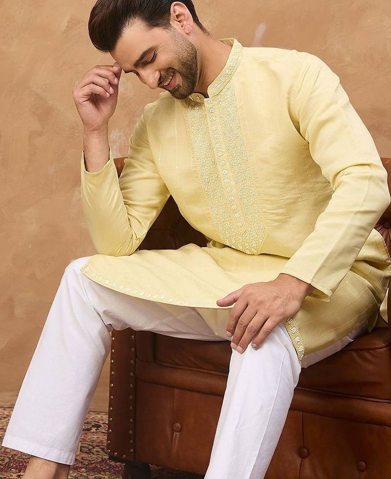 Men yellow silk blend solid embroidered straight kurta with pant set