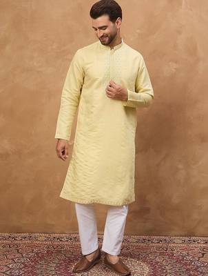 Men yellow silk blend solid embroidered straight kurta with pant set 2