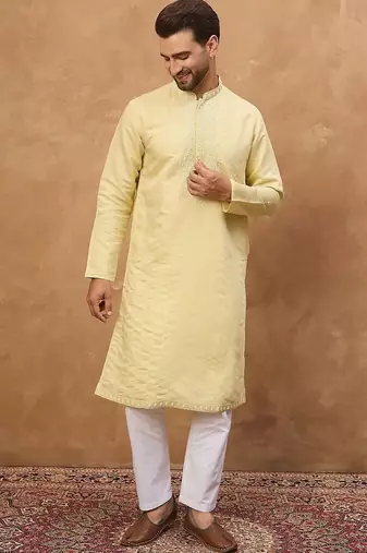 Men yellow silk blend solid embroidered straight kurta with pant set