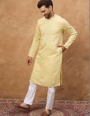 Men yellow silk blend solid embroidered straight kurta with pant set 3
