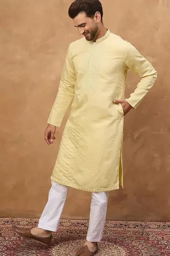Men yellow silk blend solid embroidered straight kurta with pant set