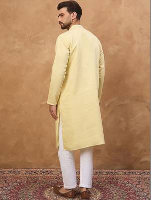 Men yellow silk blend solid embroidered straight kurta with pant set 4