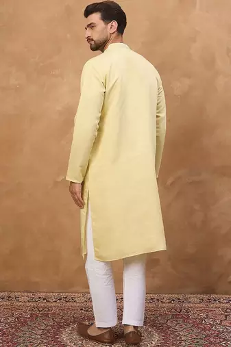 Men yellow silk blend solid embroidered straight kurta with pant set