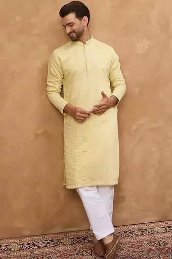 Men yellow silk blend solid embroidered straight kurta with pant set