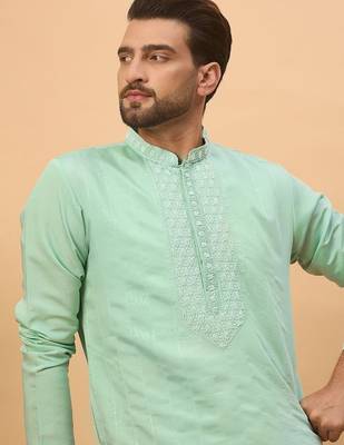 Men blue silk blend solid embroidered straight kurta with pant set 1