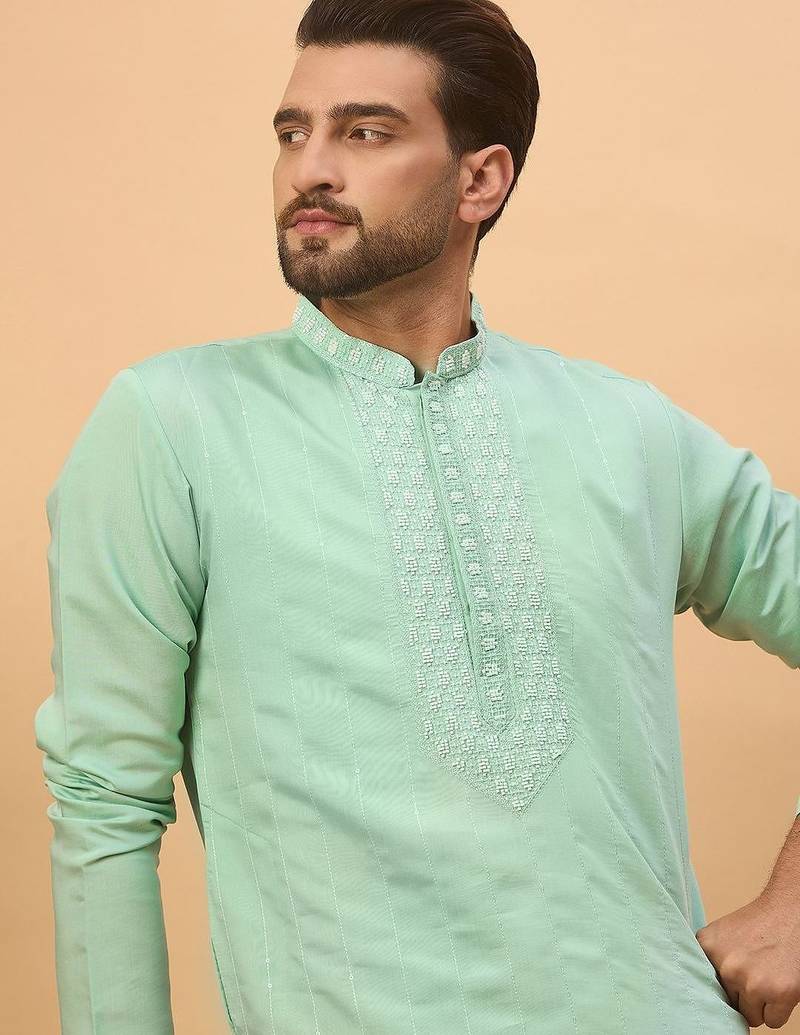 Men blue silk blend solid embroidered straight kurta with pant set