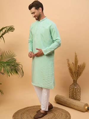 Men blue silk blend solid embroidered straight kurta with pant set 2