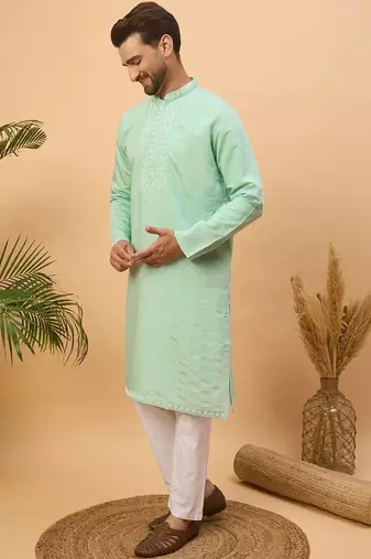 Men blue silk blend solid embroidered straight kurta with pant set
