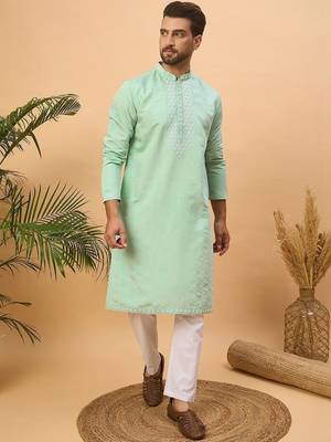 Men blue silk blend solid embroidered straight kurta with pant set 3