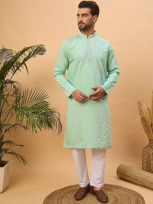 Men blue silk blend solid embroidered straight kurta with pant set 5
