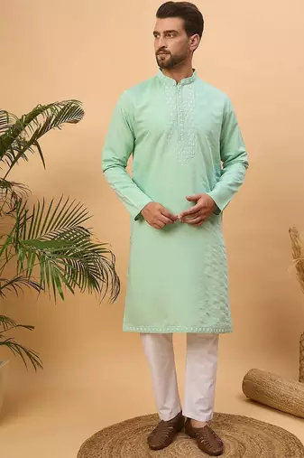 Men blue silk blend solid embroidered straight kurta with pant set