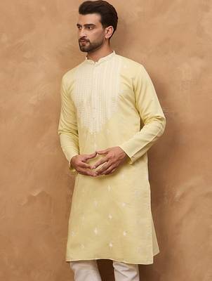 Men yellow silk blend solid embroidered straight kurta with pant set 1