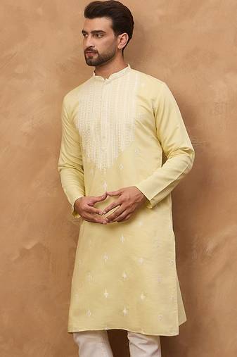 Men yellow silk blend solid embroidered straight kurta with pant set