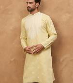 Men yellow silk blend solid embroidered straight kurta with pant set