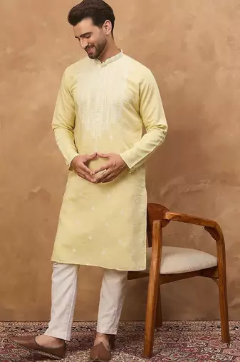Men yellow silk blend solid embroidered straight kurta with pant set