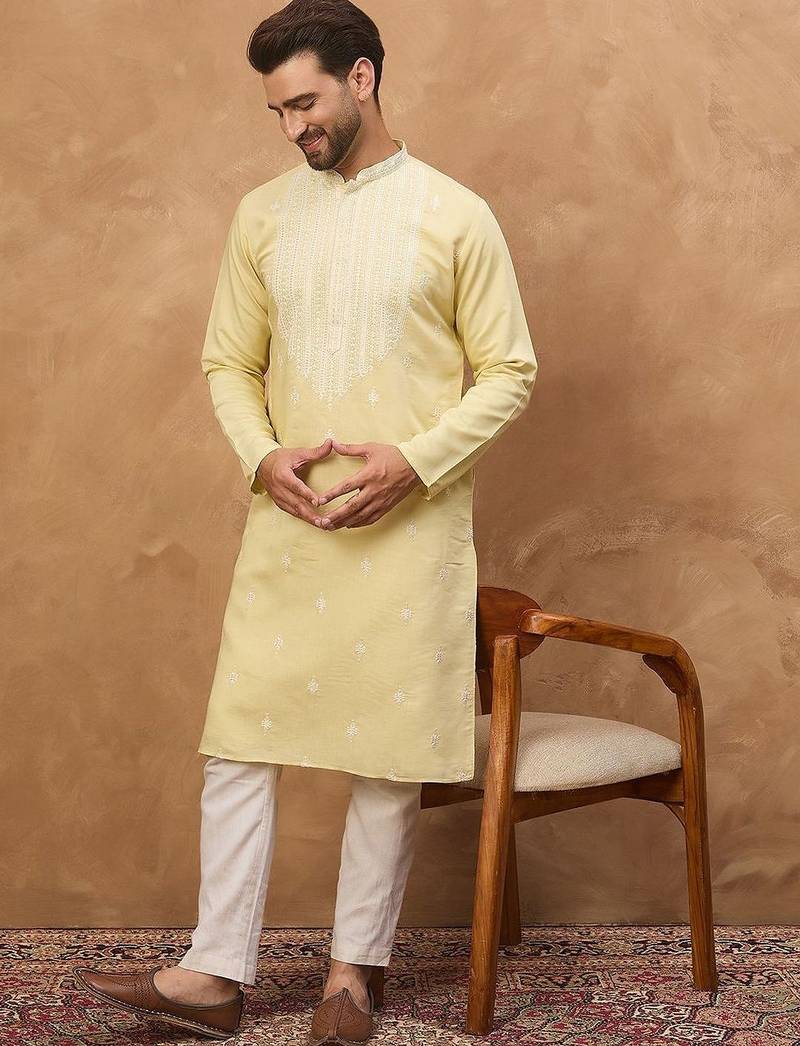 Men yellow silk blend solid embroidered straight kurta with pant set