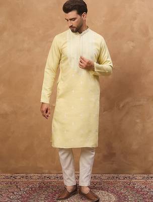Men yellow silk blend solid embroidered straight kurta with pant set 3