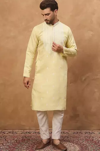 Men yellow silk blend solid embroidered straight kurta with pant set
