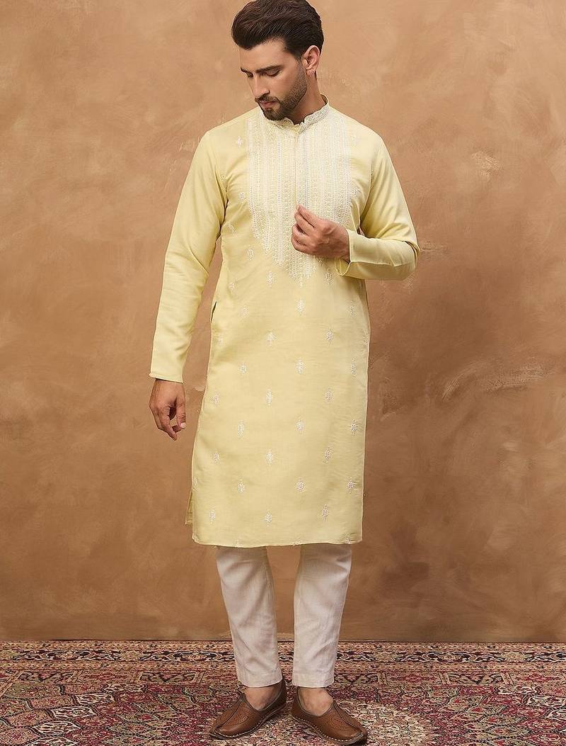 Men yellow silk blend solid embroidered straight kurta with pant set