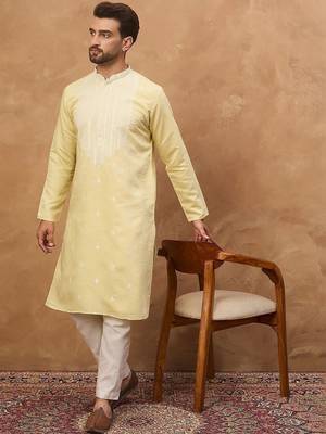 Men yellow silk blend solid embroidered straight kurta with pant set 4