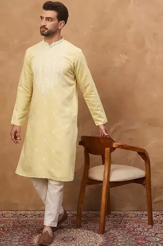 Men yellow silk blend solid embroidered straight kurta with pant set
