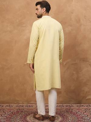 Men yellow silk blend solid embroidered straight kurta with pant set 5