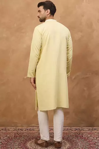 Men yellow silk blend solid embroidered straight kurta with pant set