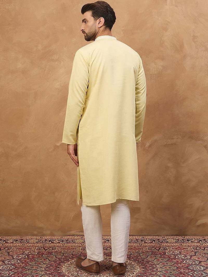 Men yellow silk blend solid embroidered straight kurta with pant set
