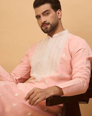 Men peach silk blend solid embroidered straight kurta with pant set 1