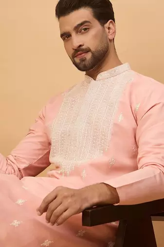 Men peach silk blend solid embroidered straight kurta with pant set