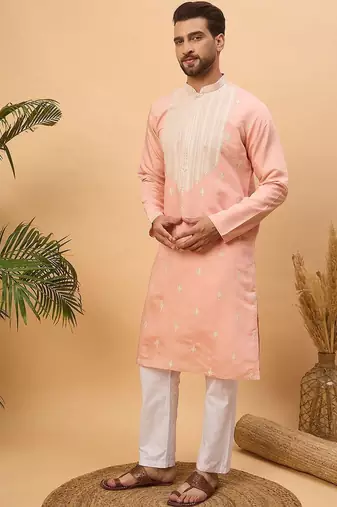 Men peach silk blend solid embroidered straight kurta with pant set