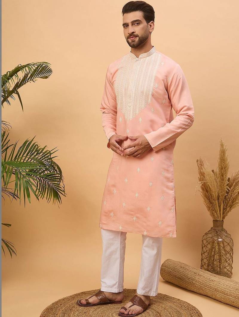 Men peach silk blend solid embroidered straight kurta with pant set