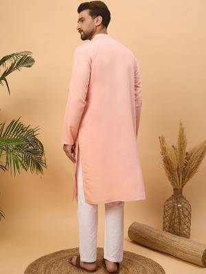 Men peach silk blend solid embroidered straight kurta with pant set 3