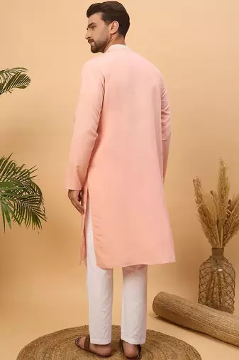 Men peach silk blend solid embroidered straight kurta with pant set