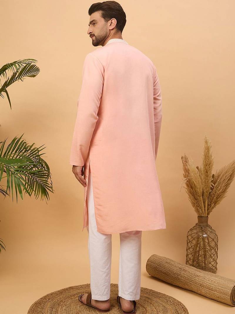 Men peach silk blend solid embroidered straight kurta with pant set