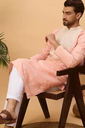 Men peach silk blend solid embroidered straight kurta with pant set