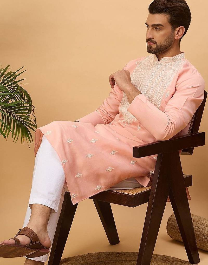 Men peach silk blend solid embroidered straight kurta with pant set