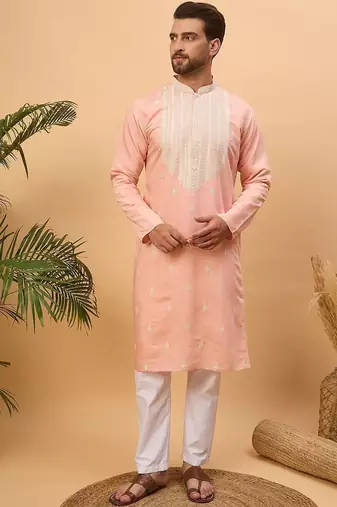 Men peach silk blend solid embroidered straight kurta with pant set