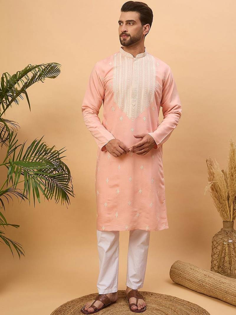 Men peach silk blend solid embroidered straight kurta with pant set