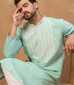 Men blue silk blend solid embroidered straight kurta with pant set